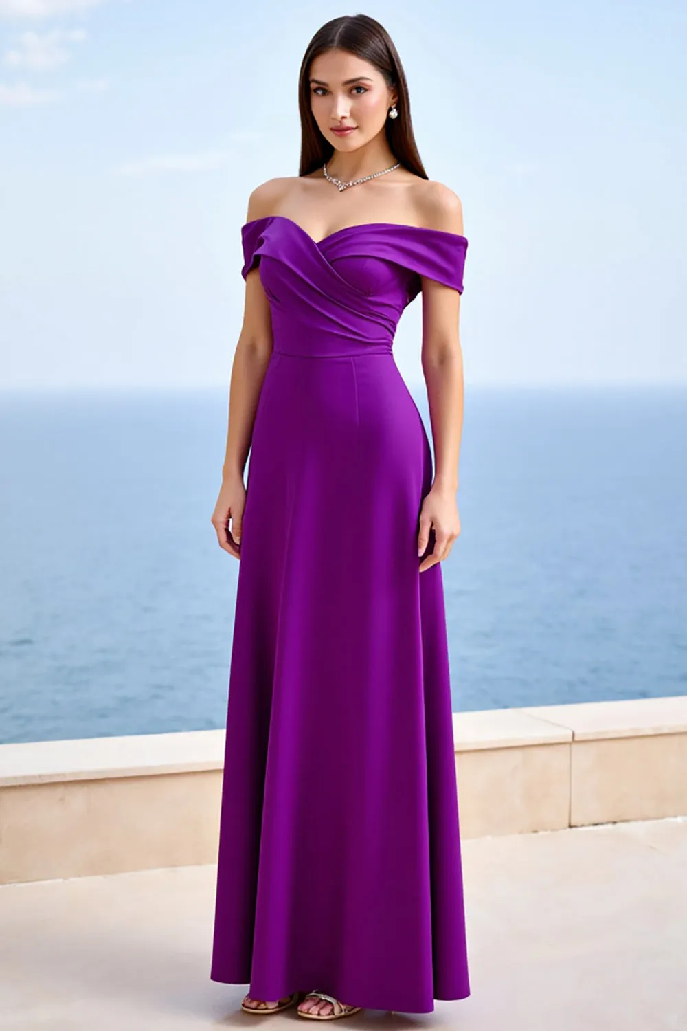 Plum Sheath Satin Ruched Long Formal Dress sold by Zapaka