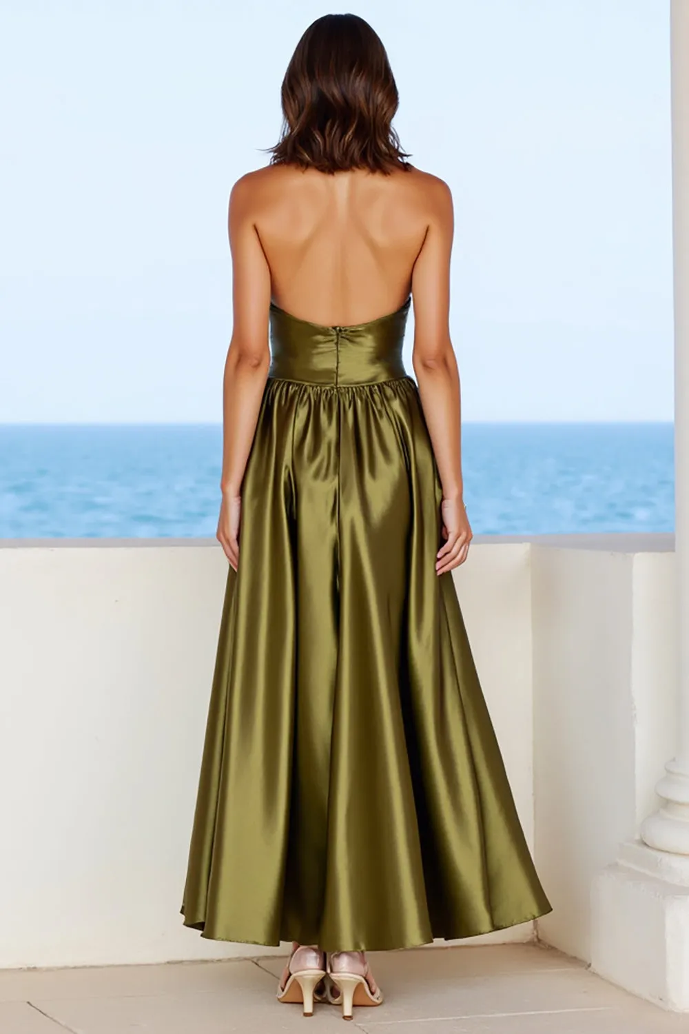 Olive Satin Deep V-Neck A Line Formal Dress with Slit sold by Zapaka product image thumbnail 2
