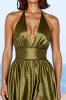 Olive Satin Deep V-Neck A Line Formal Dress with Slit sold by Zapaka