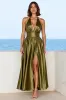 Olive Satin Deep V-Neck A Line Formal Dress with Slit sold by Zapaka