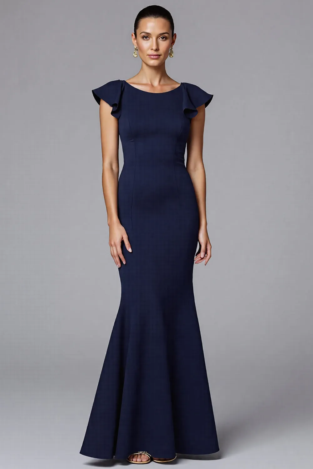 Navy Mermaid Scoop Neck Long Formal Dress with Ruffles sold by Zapaka