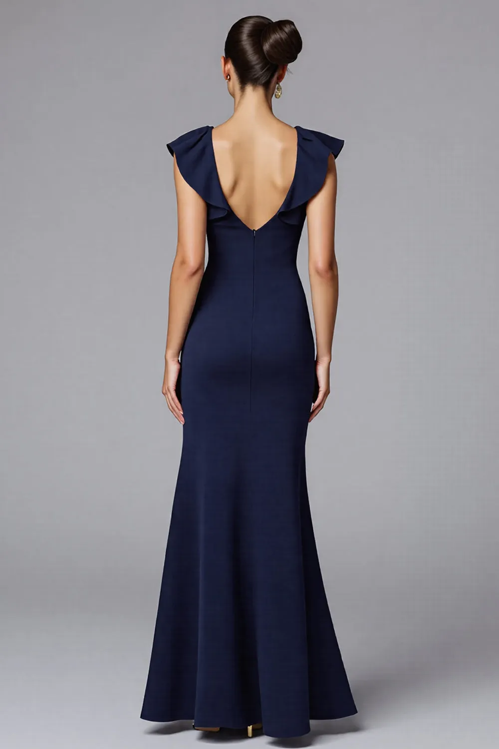 Navy Mermaid Scoop Neck Long Formal Dress with Ruffles sold by Zapaka product image thumbnail 2