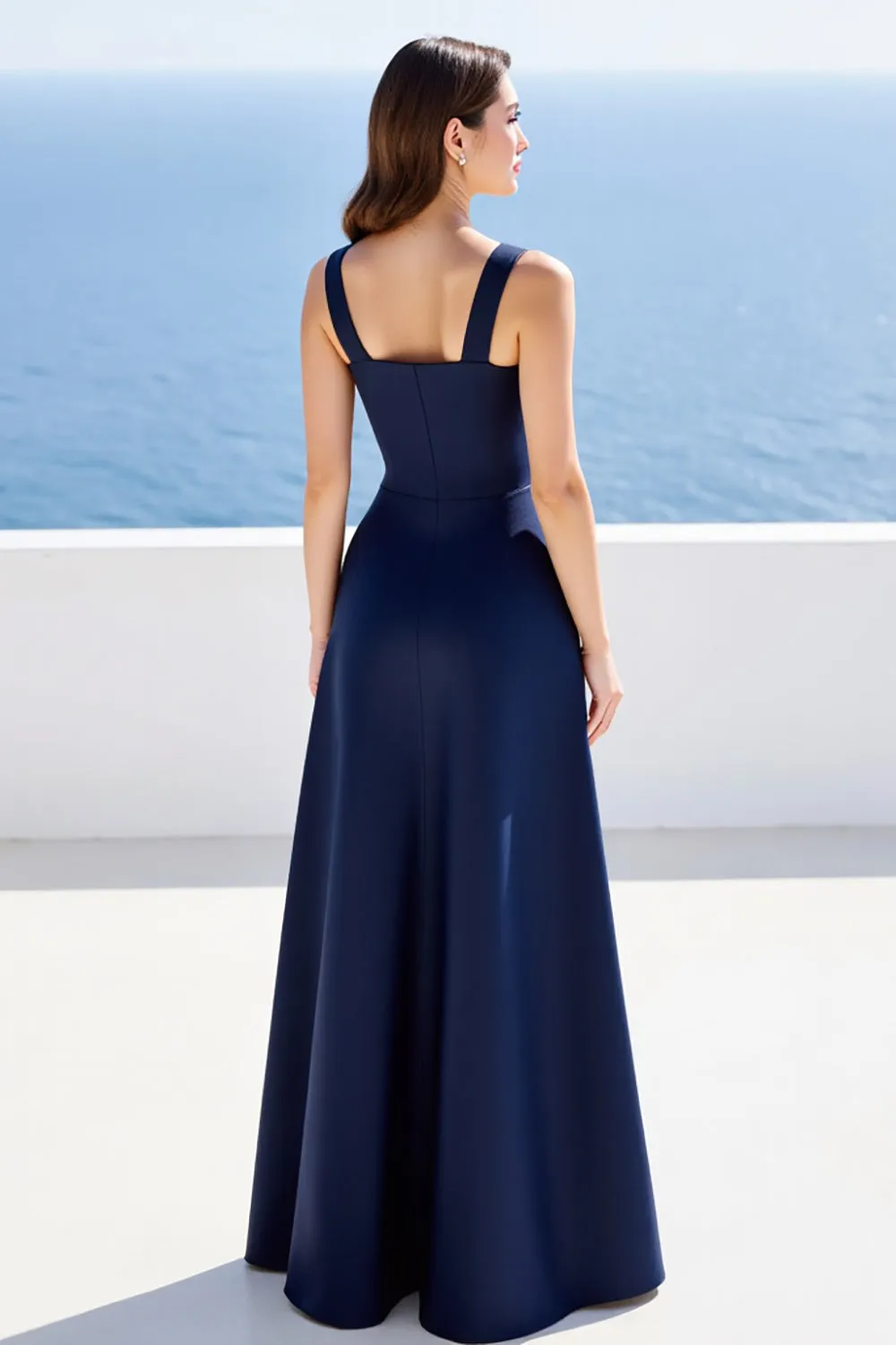 Navy Satin Square Neck A Line Formal Dress with Slit sold by Zapaka product image thumbnail 2