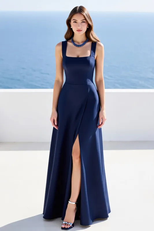 Navy Satin Square Neck A Line Formal Dress with Slit sold by Zapaka