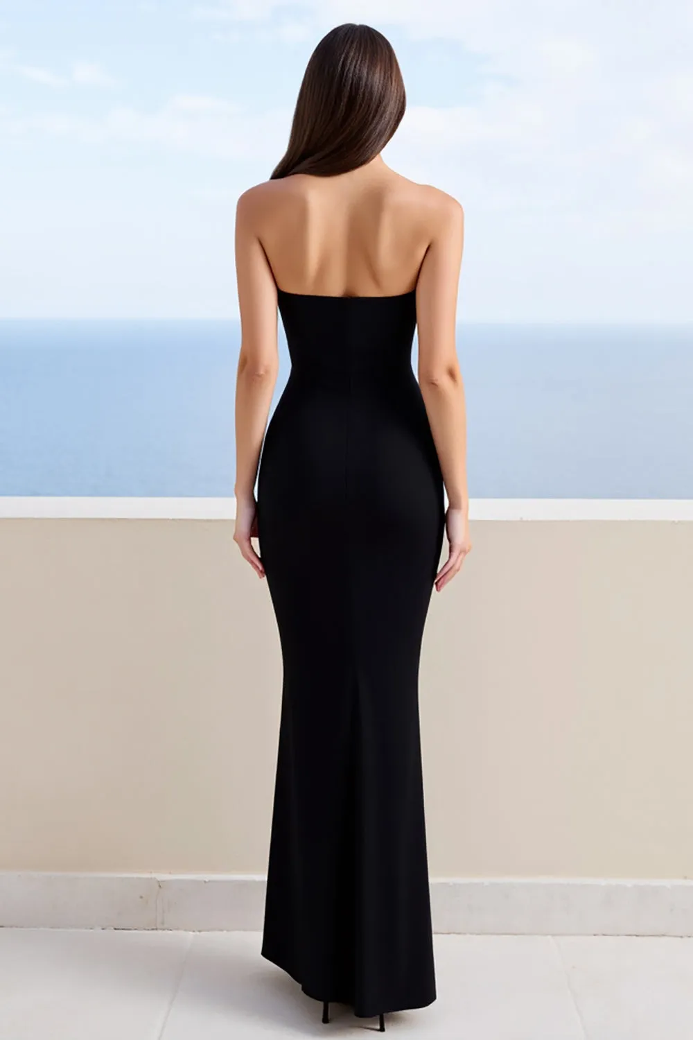 Black Satin Mermaid Strapless Long Formal Dress with Slit sold by Zapaka product image thumbnail 2
