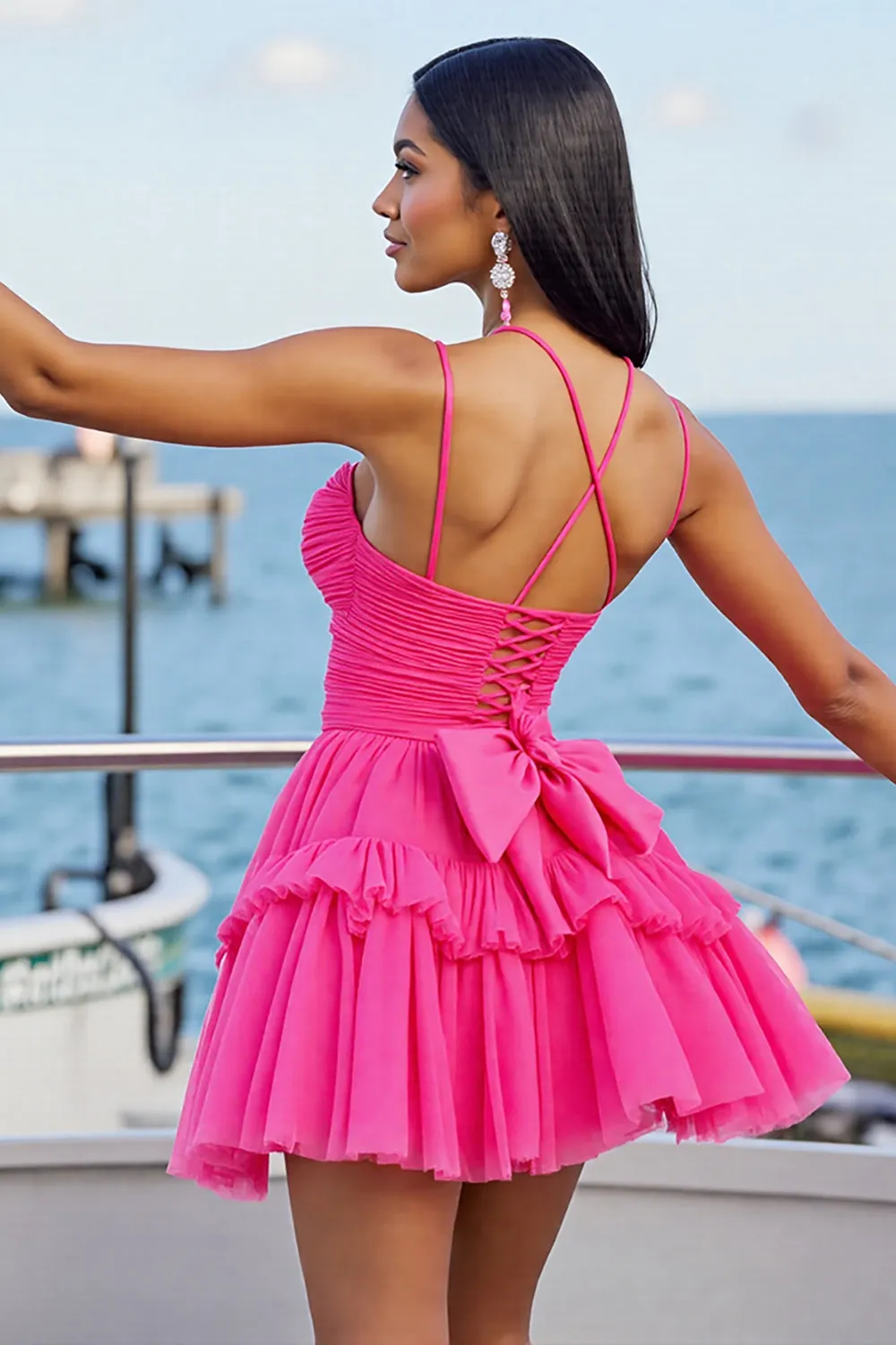 Fuchsia A Line Tulle Ruched Short Homecoming Dress with Ruffles sold by Zapaka product image thumbnail 2