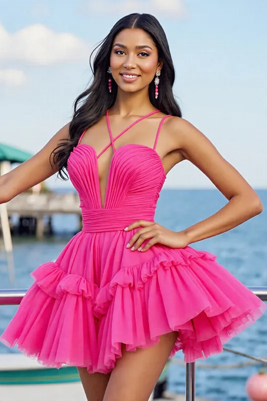 Fuchsia A Line Tulle Ruched Short Homecoming Dress with Ruffles sold by Zapaka