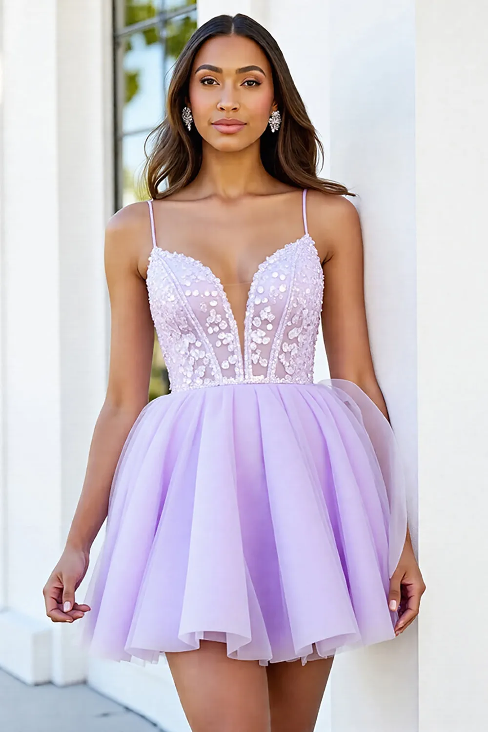 Lilac Tulle Corset Spaghetti Straps A Line Short Homecoming Dress with Appliques sold by Zapaka