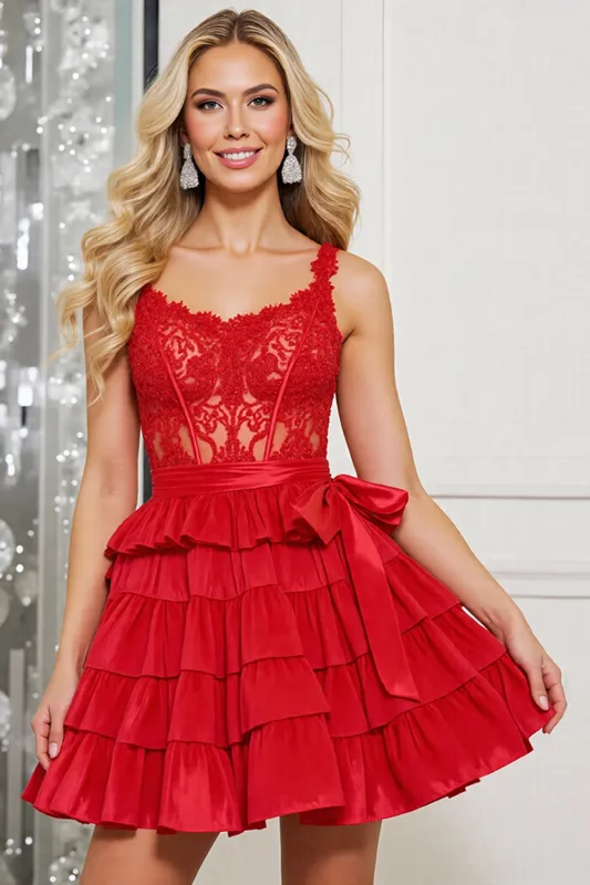 Red Satin A Line Appliqued Corset Short Homecoming Dress with Bow sold by Zapaka