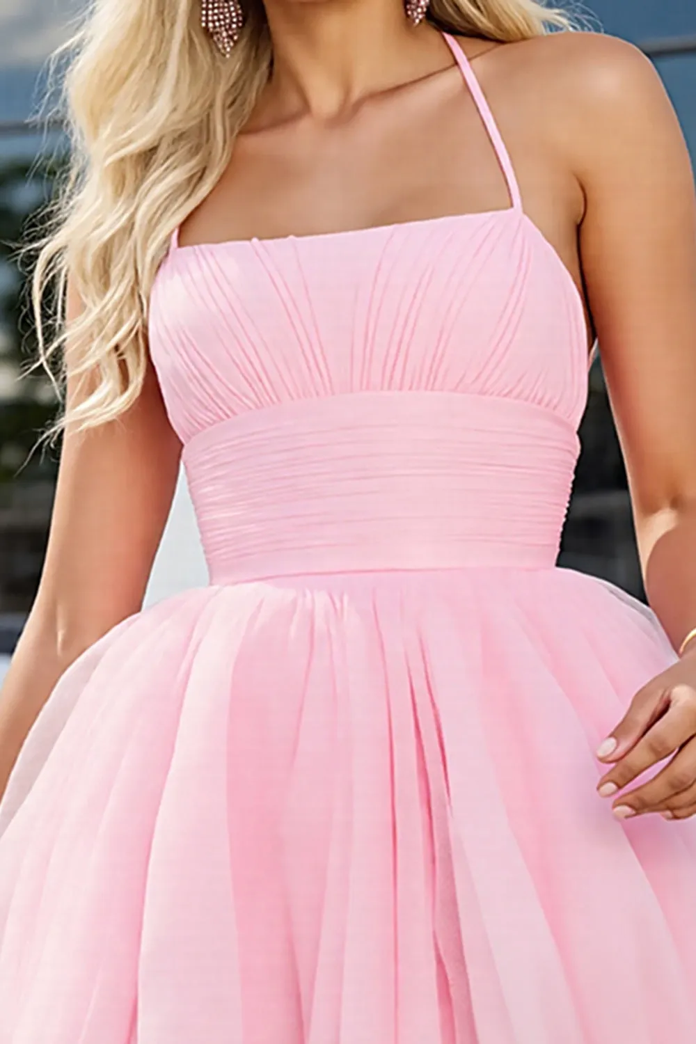 Pink Tulle A Line Ruched Spaghetti Straps Short Homecoming Dress sold by Zapaka product image thumbnail 4
