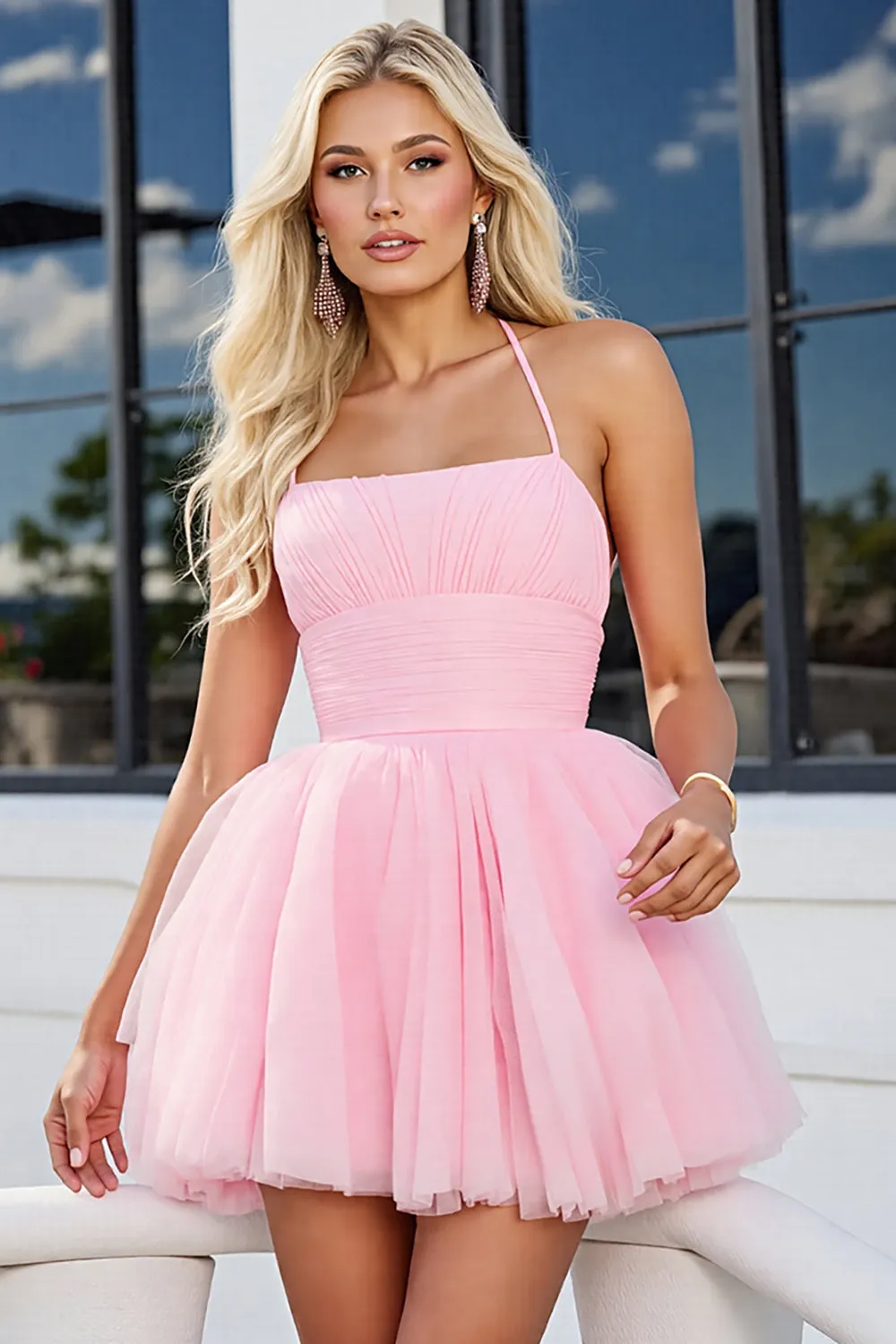 Pink Tulle A Line Ruched Spaghetti Straps Short Homecoming Dress sold by Zapaka