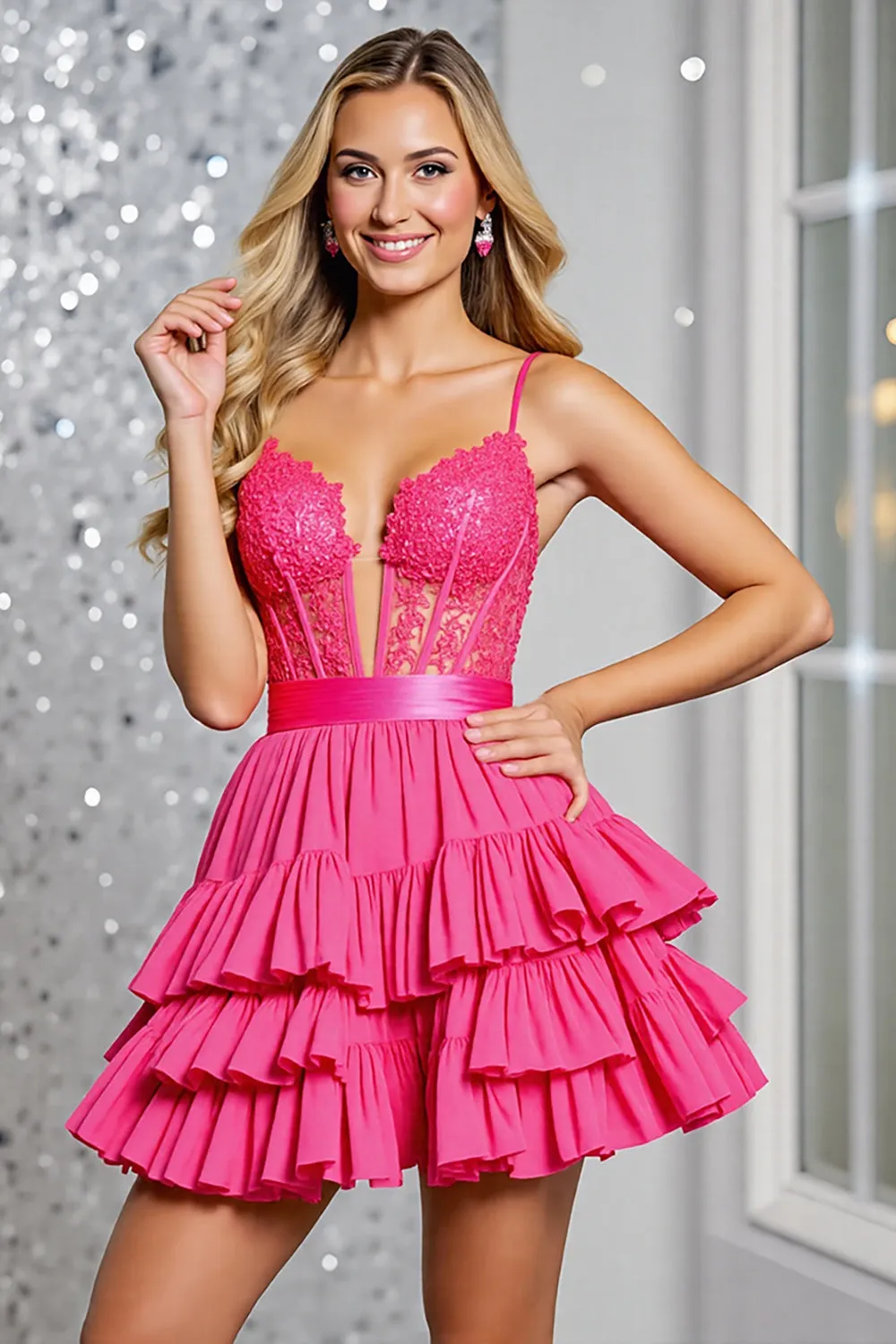 Corset Tiered Fuchsia A Line Homecoming Dress sold by Zapaka