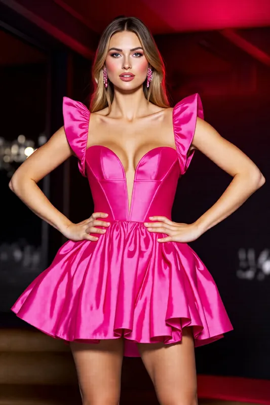 Fuchsia Satin A Line Sweetheart Short Homecoming Dress with Ruffles sold by Zapaka