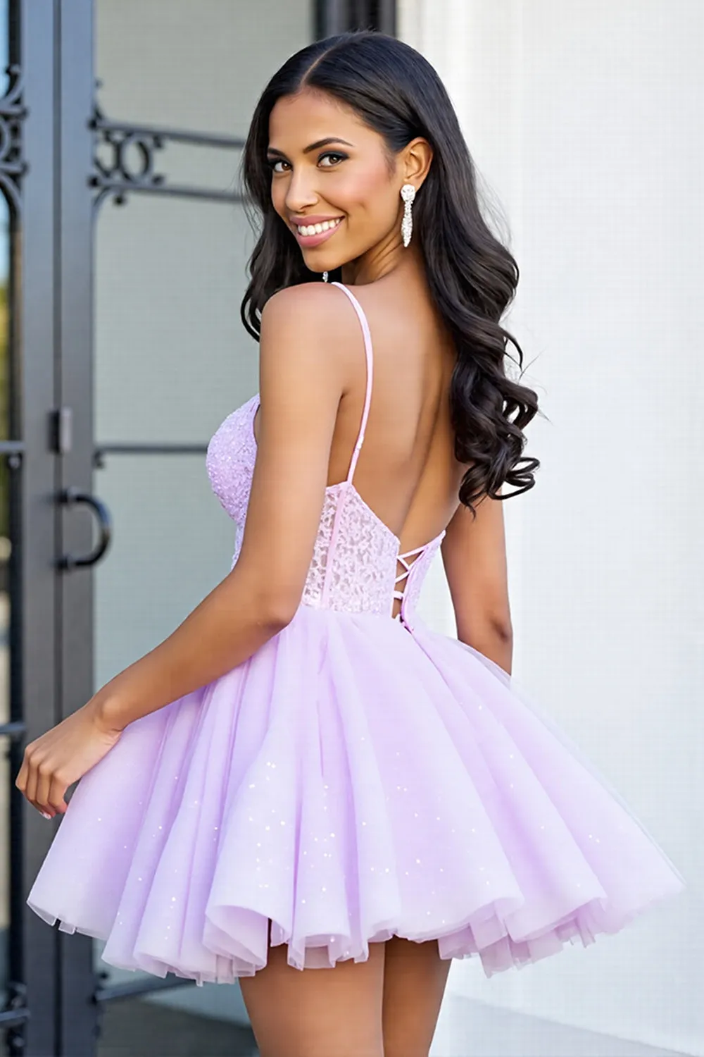 Lilac Tulle Corset A Line Spaghetti Straps Short Homecoming Dress with Appliques sold by Zapaka product image thumbnail 2