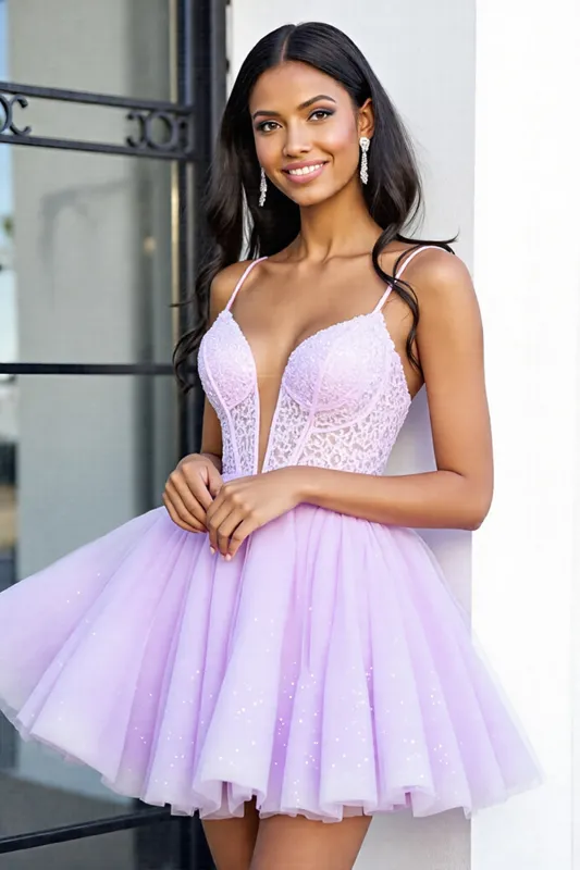 Lilac Tulle Corset A Line Spaghetti Straps Short Homecoming Dress with Appliques sold by Zapaka