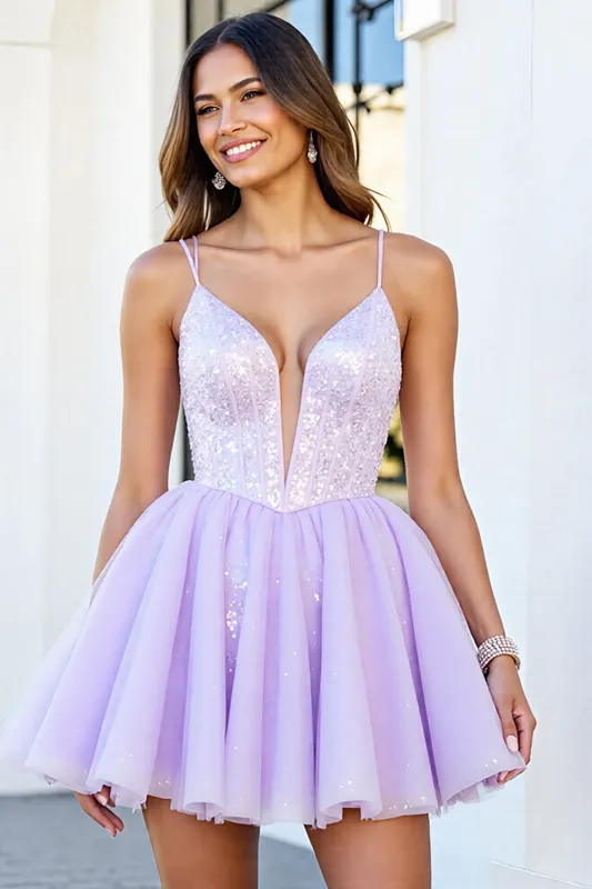 Sequin Lilac Corset A Line Homecoming Dress sold by Zapaka