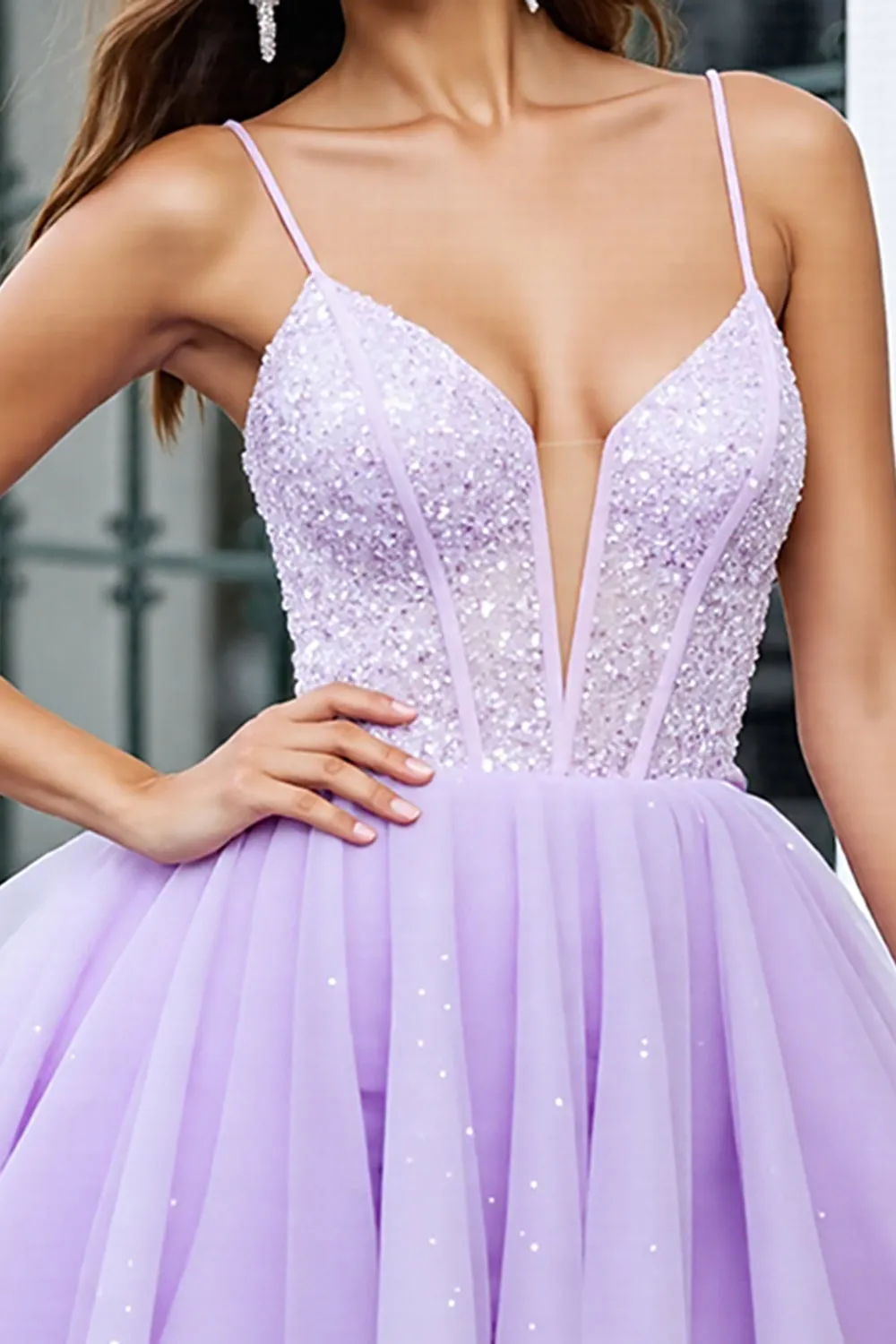 Sparkly Lilac Tulle Corset A Line Spaghetti Straps Short Homecoming Dress with Beading sold by Zapaka product image thumbnail 3