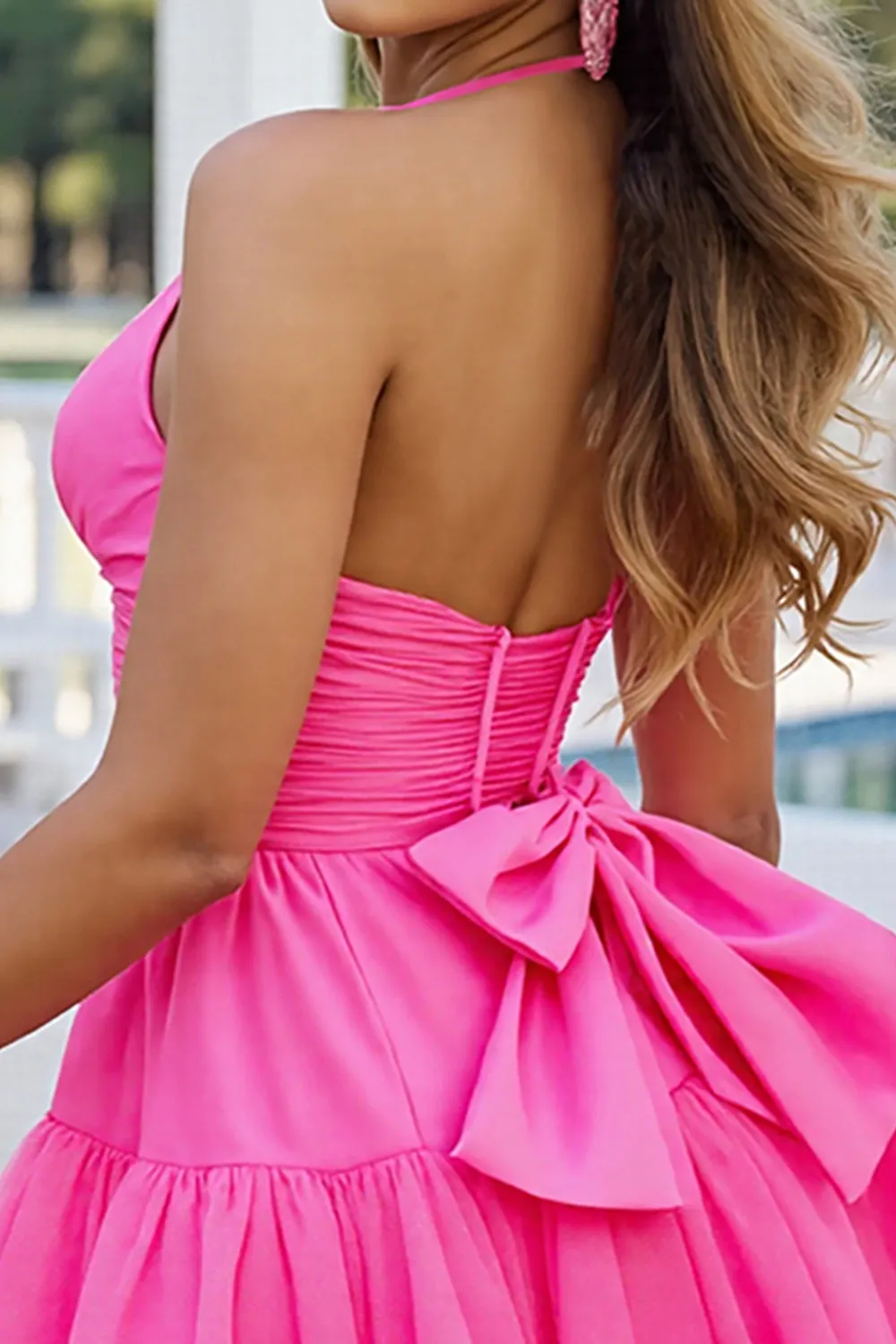 Fuchsia A Line Halter Ruched Short Homecoming Dress with Bow sold by Zapaka product image thumbnail 4