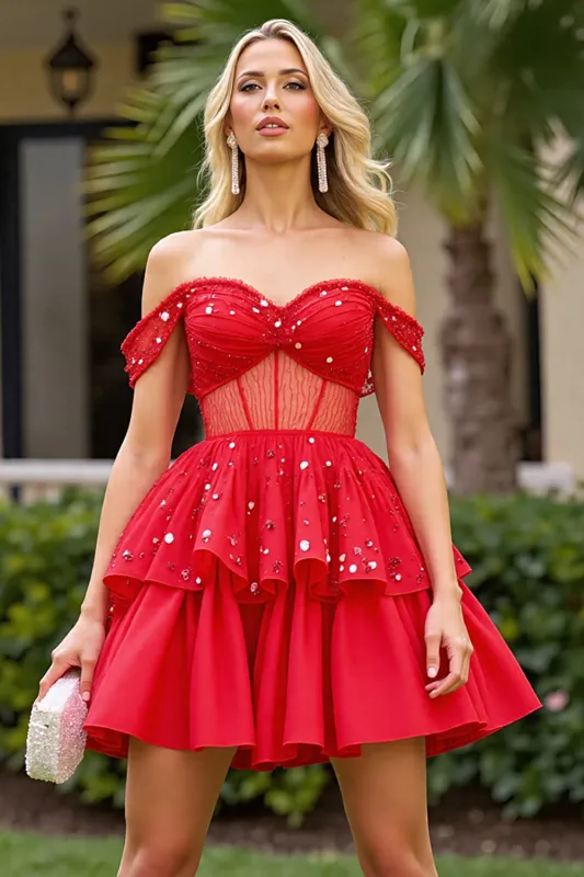 Sparkly Red Beaded Corset Short Homecoming Dress with Ruffles sold by Zapaka
