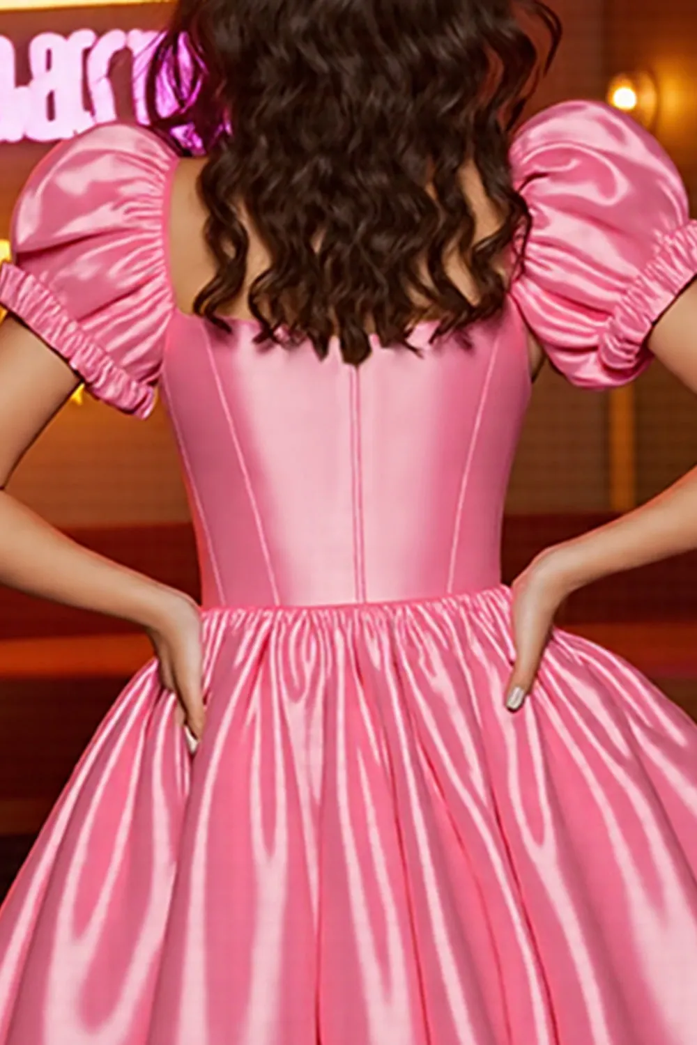 Pink Satin A Line Corset Puff Sleeves Short Homecoming Dress sold by Zapaka product image thumbnail 5