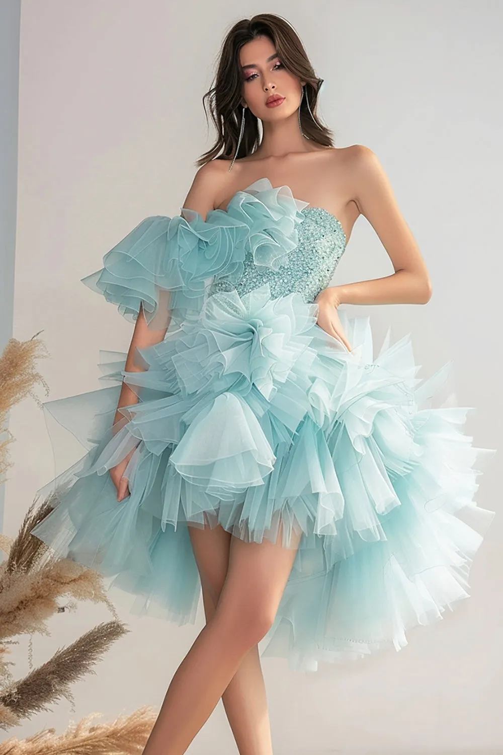Light Green Tulle One Shoulder Homecoming Dress with Beading sold by Zapaka