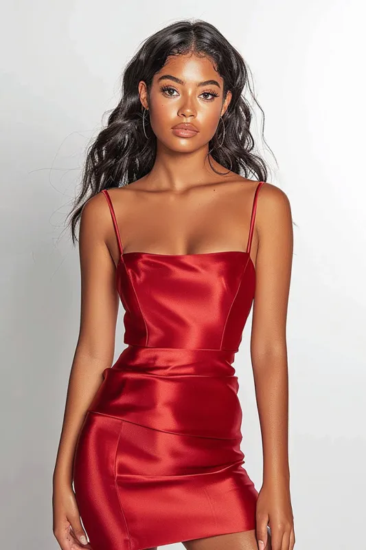Satin Bodycon Spaghetti Straps Red Homecoming Dress sold by Zapaka