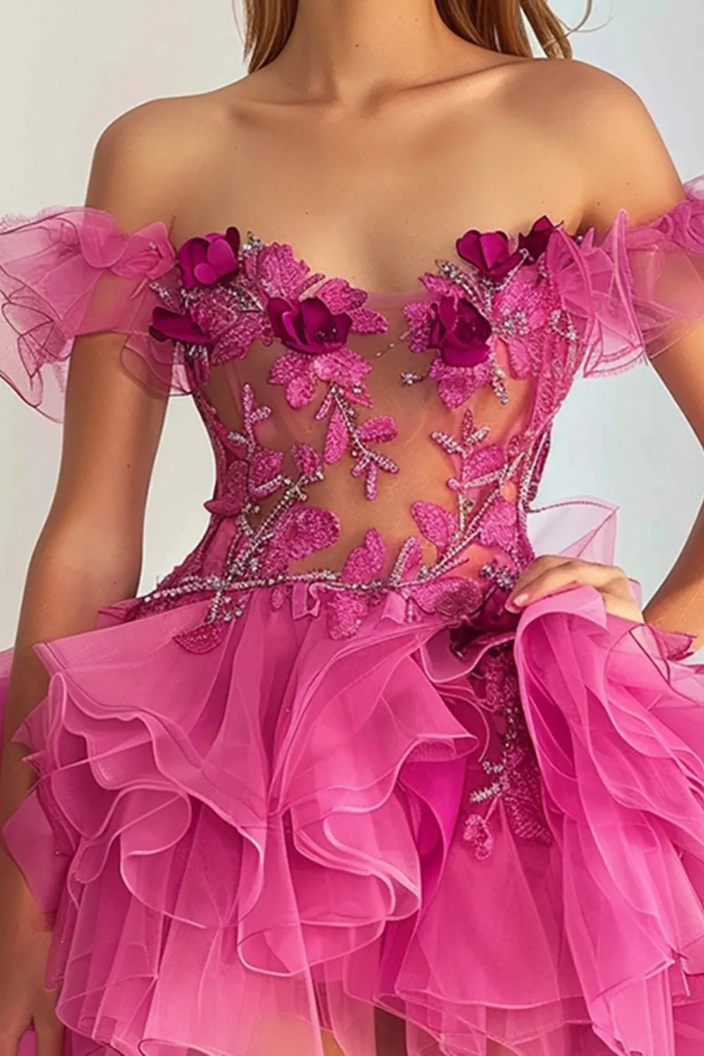 Ruffled Tulle Off the Shoulder Fuchsia Homecoming Dress with Appliques sold by Zapaka product image thumbnail 2
