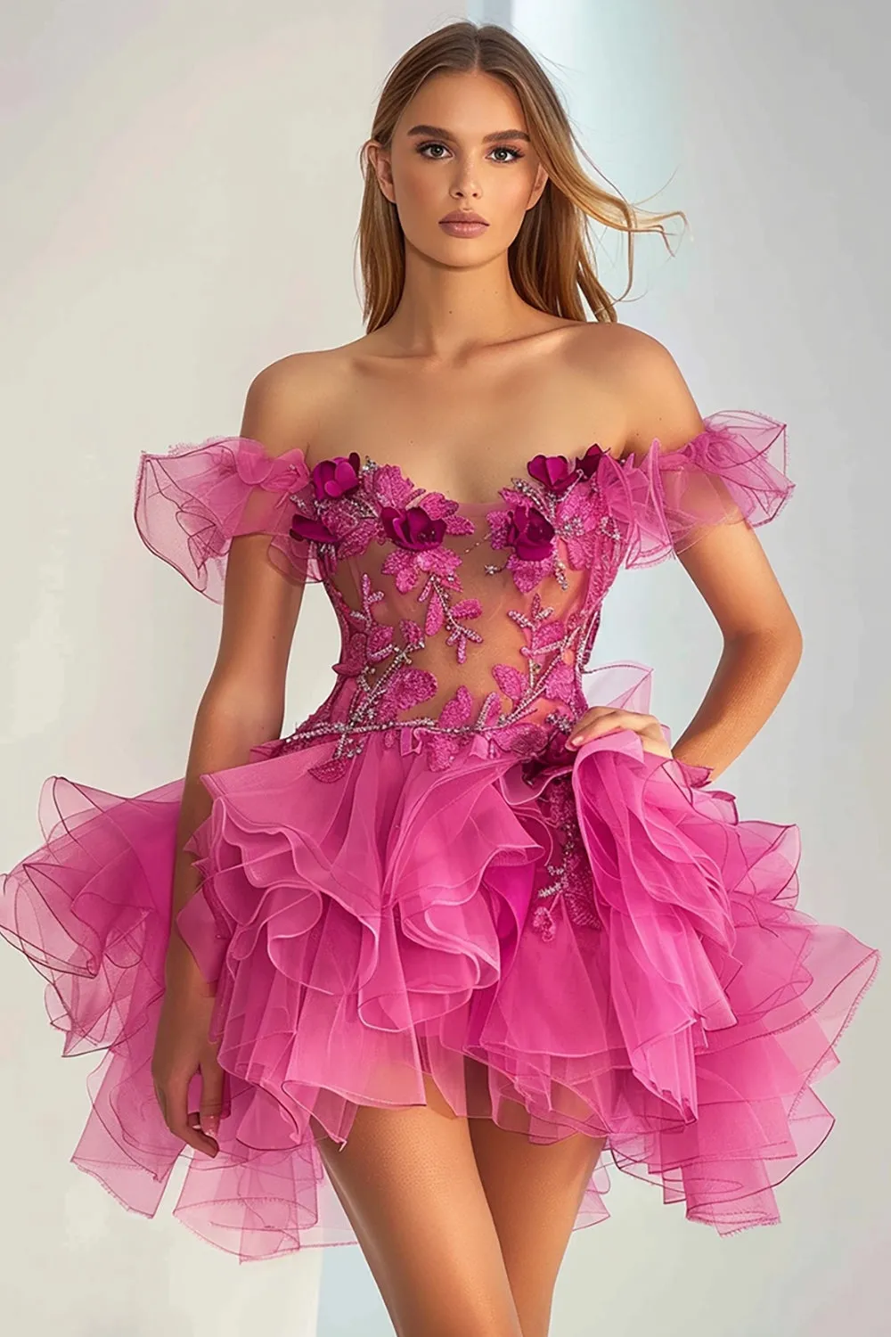 Ruffled Tulle Off the Shoulder Fuchsia Homecoming Dress with Appliques sold by Zapaka