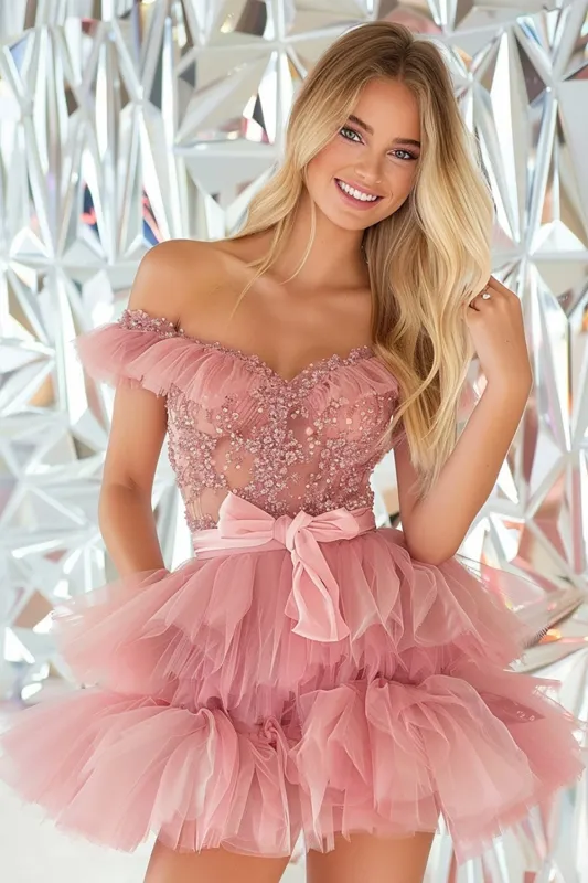 Blush Off The Shoulder A Line Homecoming Dress with Beading sold by Zapaka