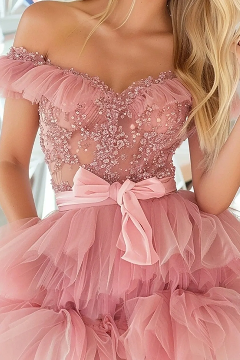 Blush Off The Shoulder A Line Homecoming Dress with Beading sold by Zapaka product image thumbnail 2