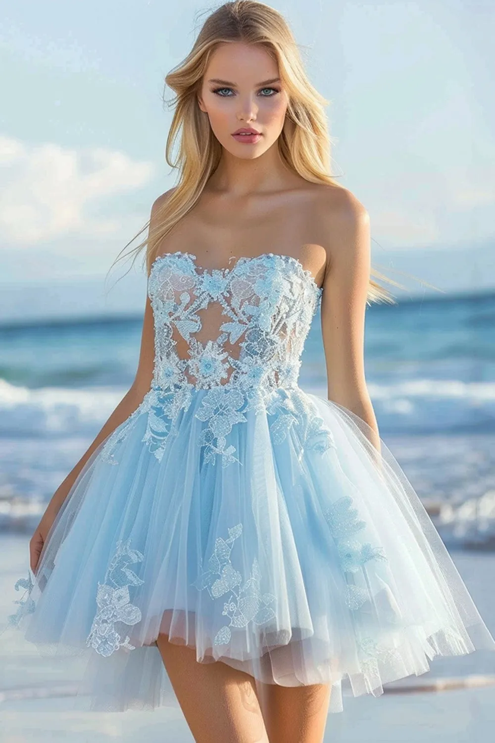 Strapless Tulle Sky Blue Homecoming Dress with Appliques sold by Zapaka