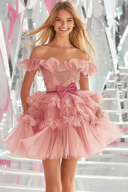 Blush Off the Shoulder Tulle Homecoming Dress with Bow sold by Zapaka