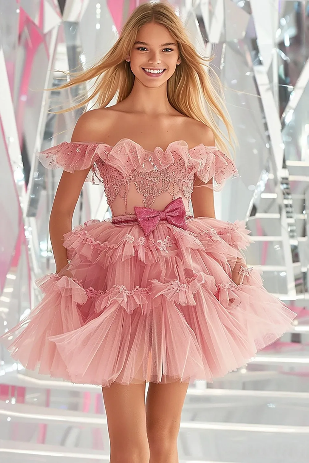 Blush Off the Shoulder Tulle Homecoming Dress with Bow sold by Zapaka