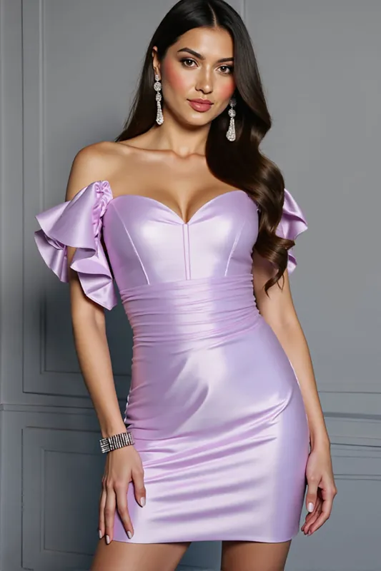 Lilac Satin Bodycon Off the Shoulder Short Homcoming Dress with Ruffles sold by Zapaka