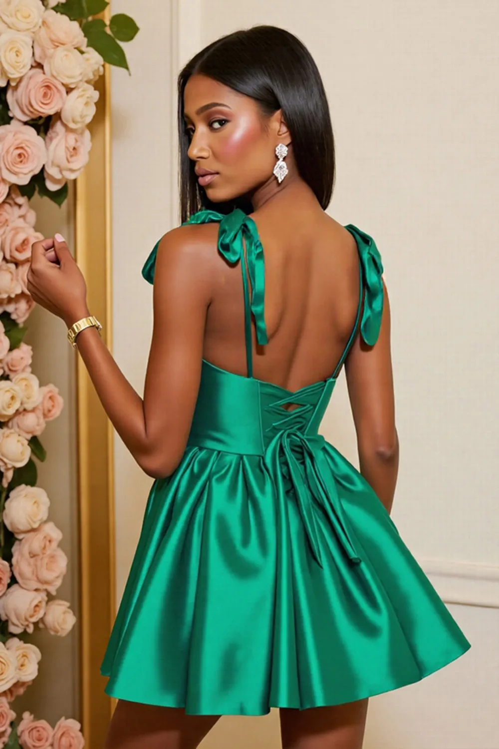 Dark Green Satin Corset A Line Short Homecoming Dress with Bows sold by Zapaka product image thumbnail 2