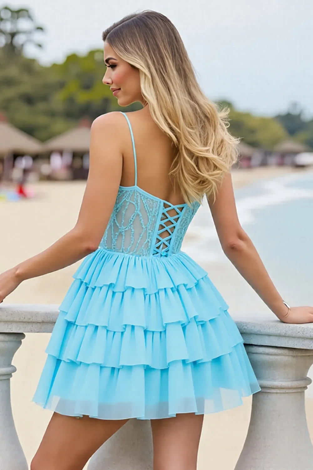 Light Blue Chiffon Corset Tiered Keyhole Short Homecoming Dress sold by Zapaka product image thumbnail 2