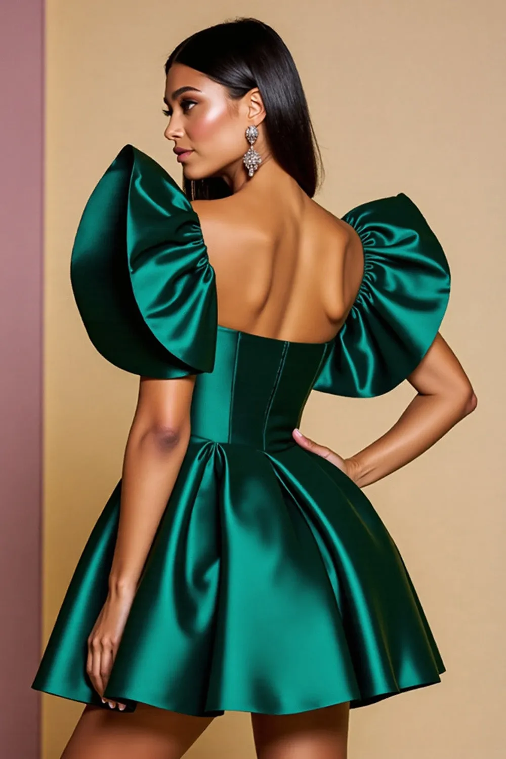 Dark Green Ruffled Sleeve Satin A Line Homecoming Dress sold by Zapaka product image thumbnail 2