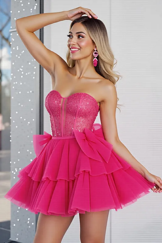 Sparkly Fuchsia Sequin Corset Sweetheart Short Homecoming Dress with Bows sold by Zapaka