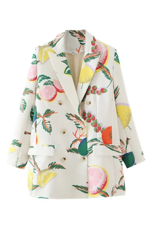 Fruit Print White Flower Notched Lapel Double Breasted Women's Blazer sold by Zapaka