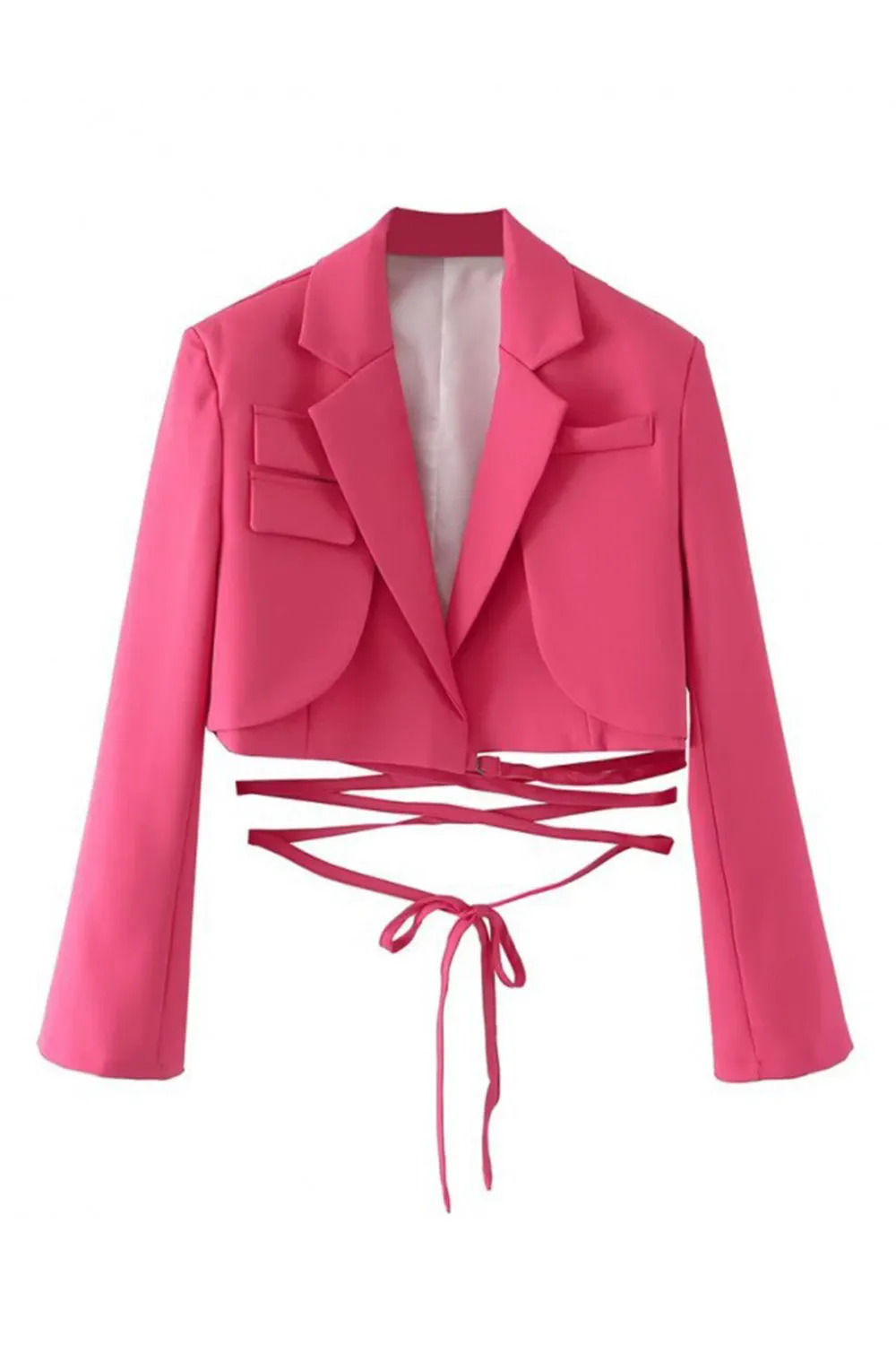 Hot Pink Notched Lapel Tie Cropped Women's Blazer sold by Zapaka