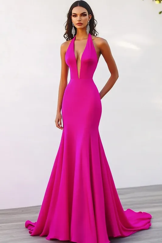 Deep V Neck Halter Mermaid Fuchsia Evening Dress sold by Zapaka