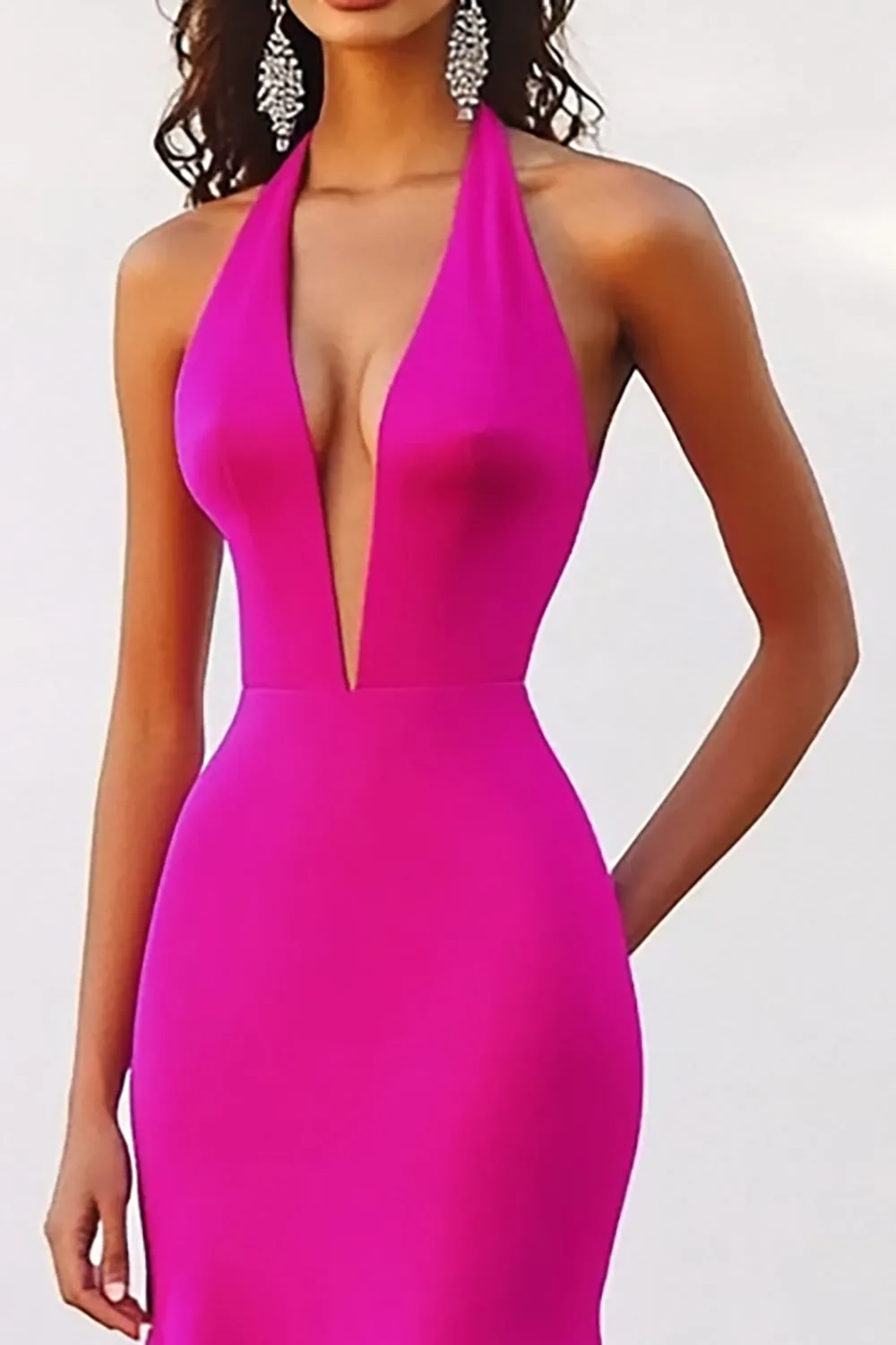 Deep V Neck Halter Mermaid Fuchsia Evening Dress sold by Zapaka product image thumbnail 2