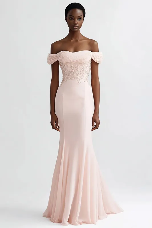 Off The Shoulder Mermaid Pink Appliqued Evening Dress sold by Zapaka