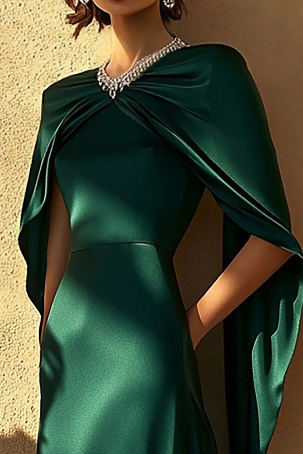 Dark Green Sheath Satin Evening Dress with Cape sold by Zapaka product image thumbnail 2
