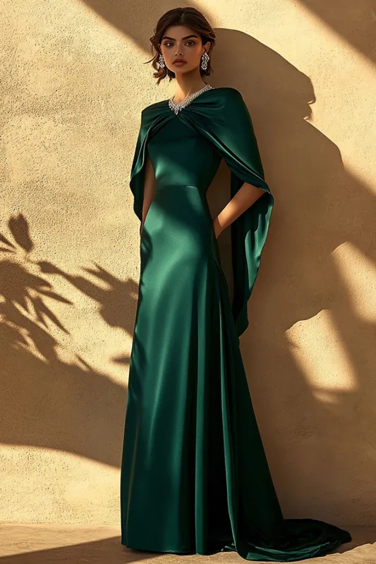 Dark Green Sheath Satin Evening Dress with Cape sold by Zapaka