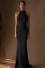 Black Satin Halter Sheath Long Evening Dress sold by Zapaka