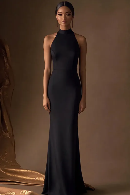 Black Satin Halter Sheath Long Evening Dress sold by Zapaka