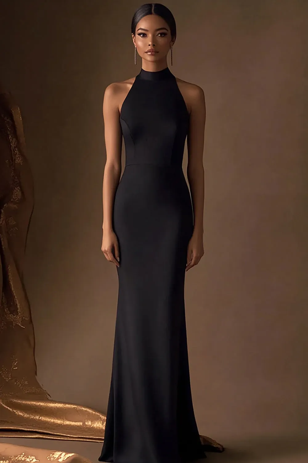 Black Satin Halter Sheath Long Evening Dress sold by Zapaka