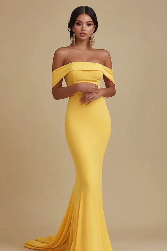Off the Shoulder Matte Satin Yellow Mermaid Evening Dress sold by Zapaka