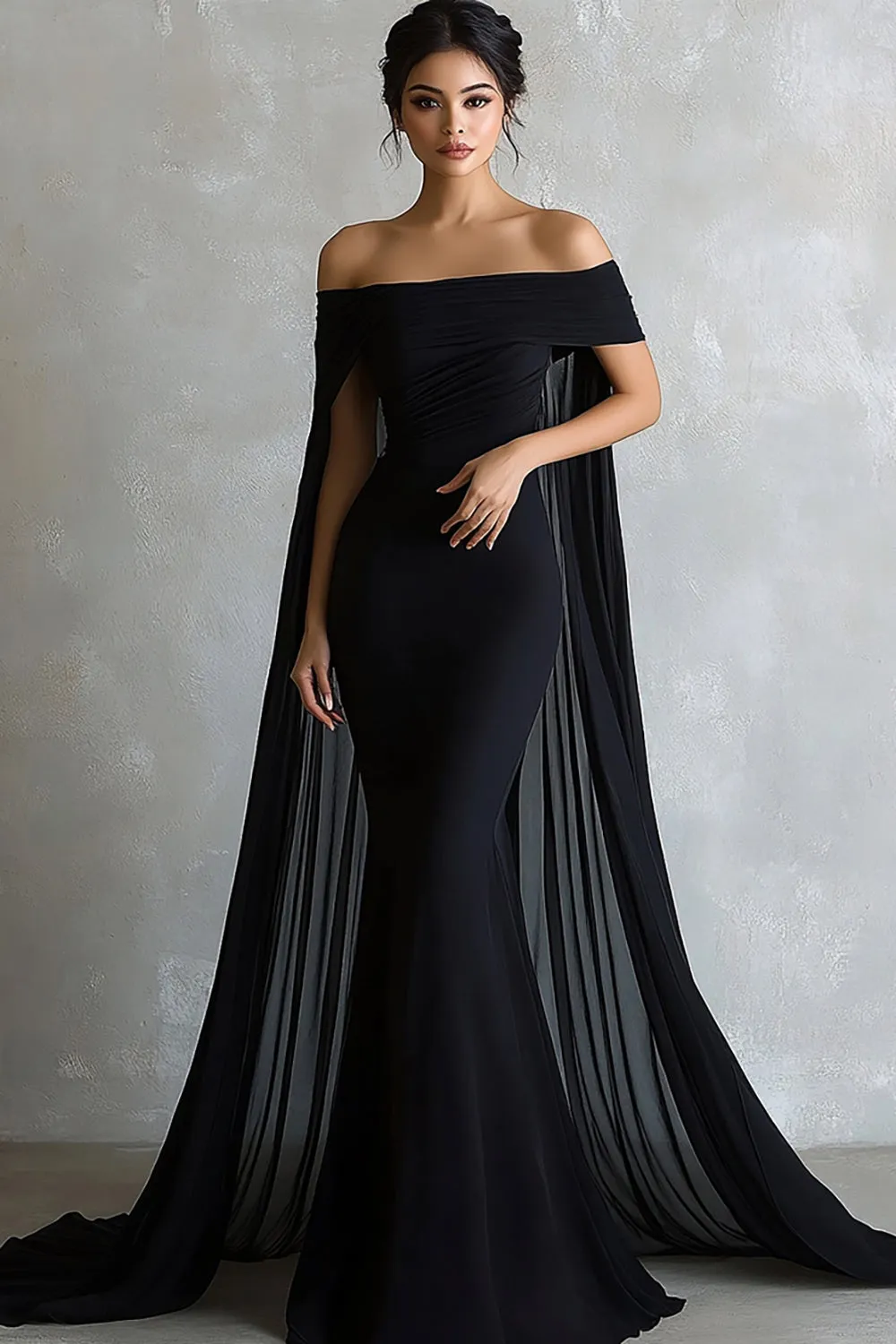 Black Off the Shoulder Mermaid Long Evening Dress with Cape sold by Zapaka
